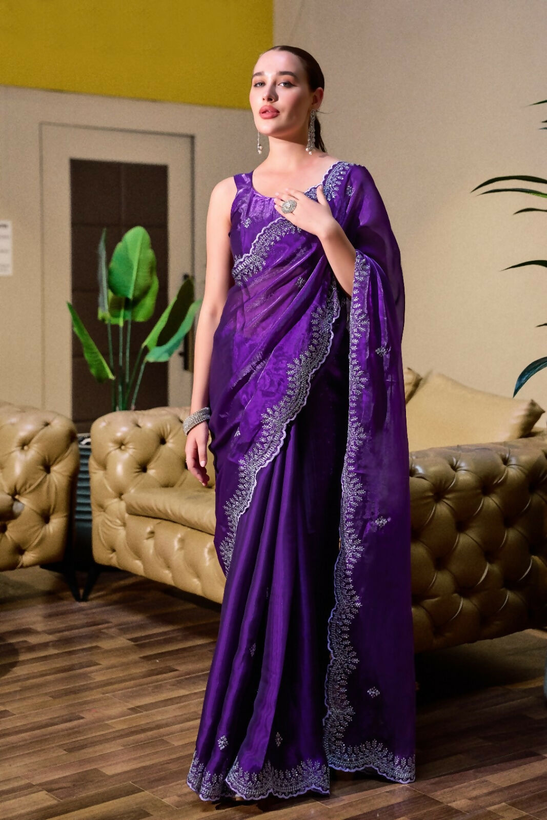 Vastranavya Purple-Blue Embroidery Work Shimmer Chiffon Saree with Unstitched Blouse | Grocsy