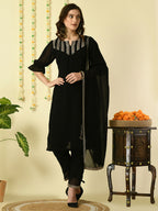 Myshka Women's Black Georgette Kurta & Trousers With Dupatta Party Sets | Grocsy