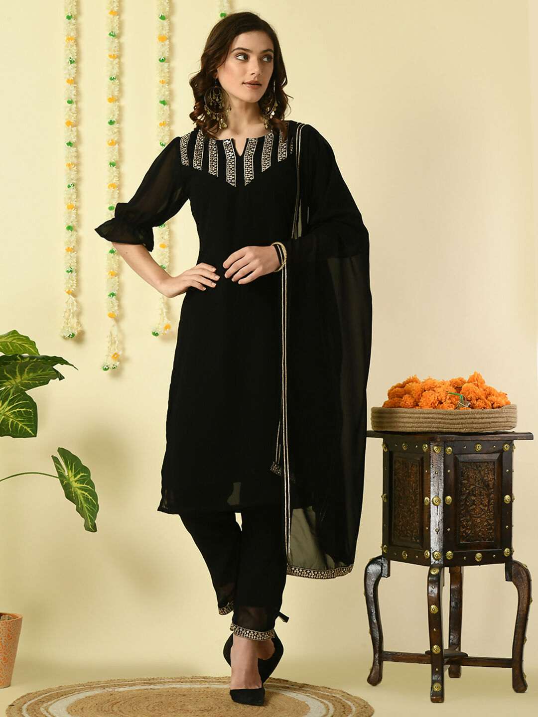 Myshka Women's Black Georgette Kurta & Trousers With Dupatta Party Sets | Grocsy