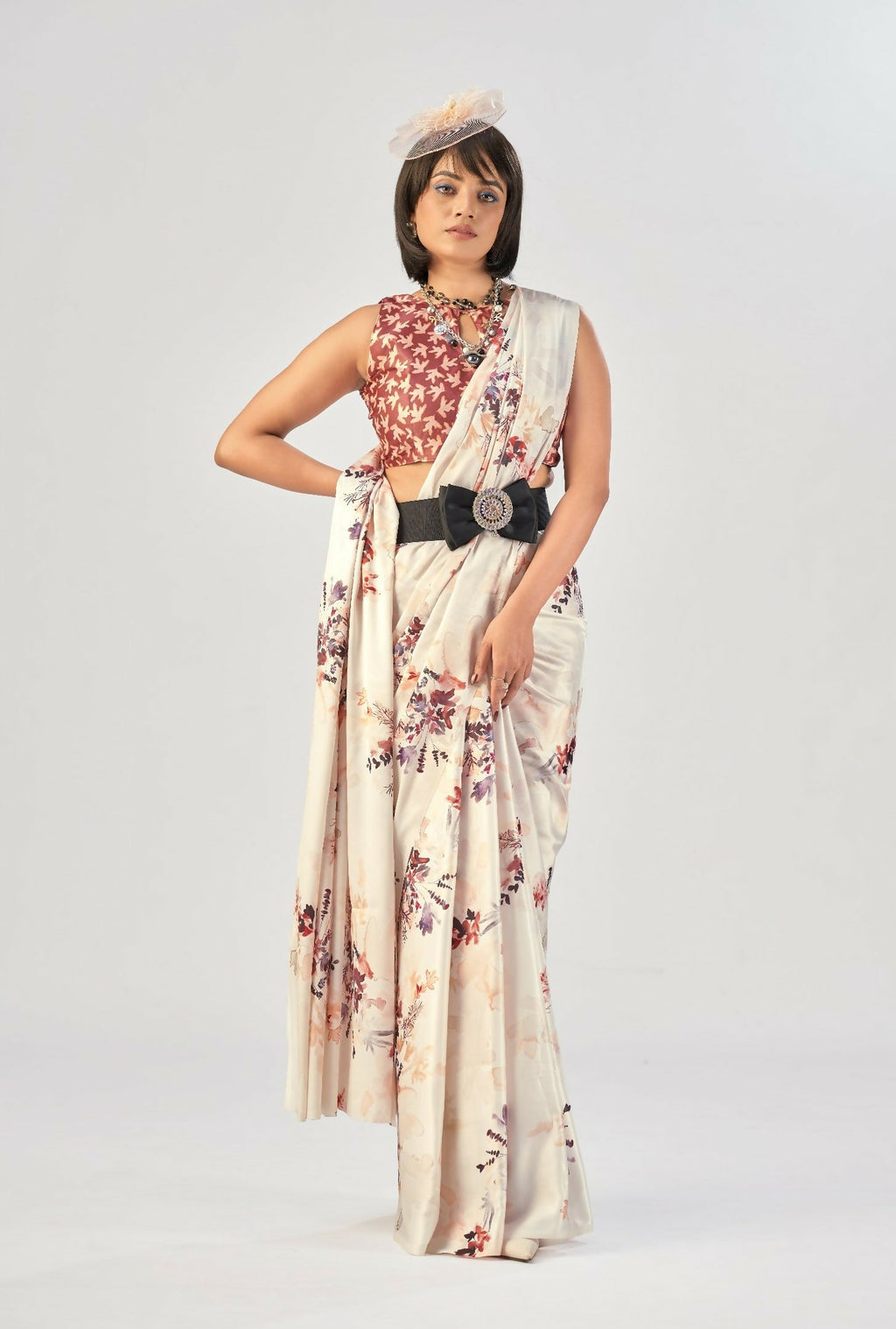 Vastranavya White Satin Silk Elegant Printed Saree with Unstitched Blouse | Grocsy