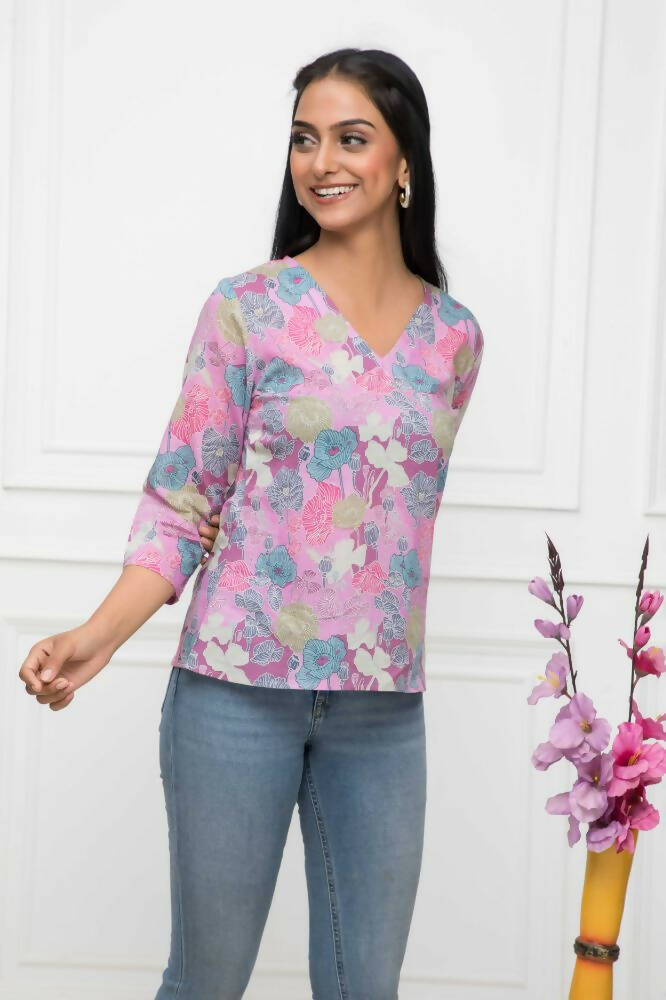 Myshka Women Multi Floral V-Neck Regular Sleeves Viscose Rayon Top | Grocsy