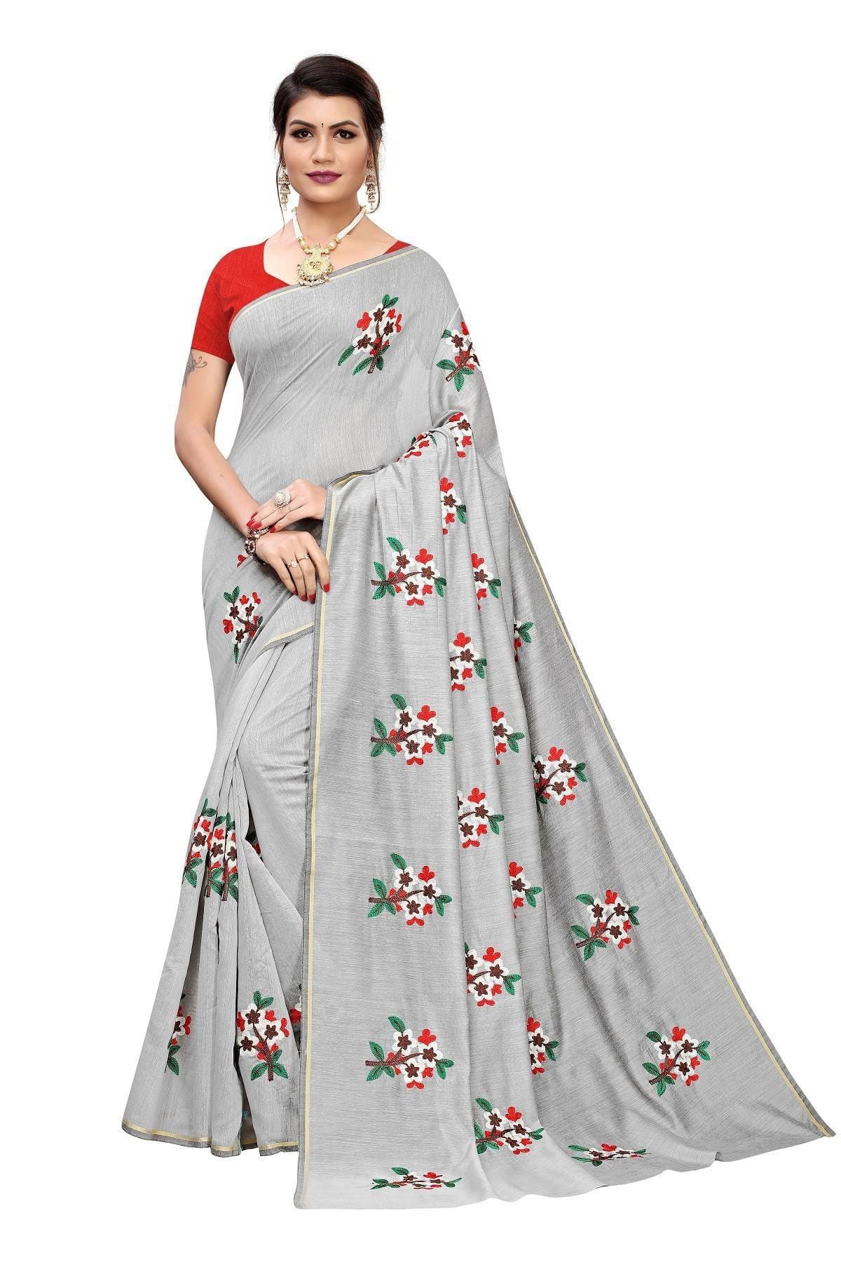 Vamika Grey Chanderi Cotton Embroidery Floral Saree | Grocsy