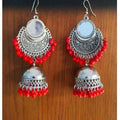 MS Fashion India Red Color Pearls Silver Oxidized Mirror Design And Traditional Jhumka Earrings | Grocsy
