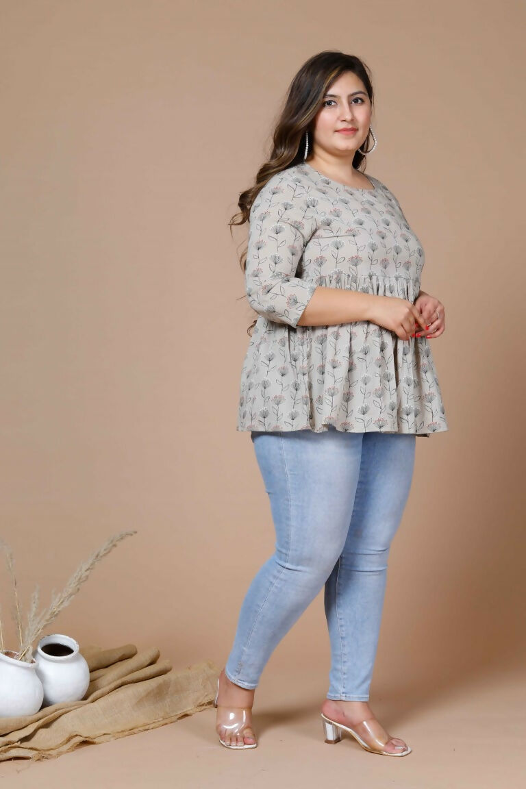 Miravan Women's Beige Plus Size Cotton Floral Printed Short Kurti | Grocsy