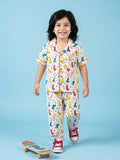 Breathables Woven Cotton Half Sleeves Dino Shirt & Pyjama White | Grocsy