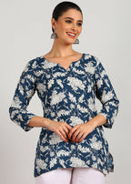 Aavyora Women's Navy Blue & White Floral Printed Tunic | Grocsy