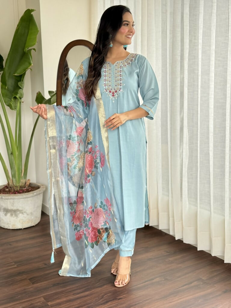 Lavender Viscose chanderi Stitched Suit With Dupatta - Tanisha | Grocsy