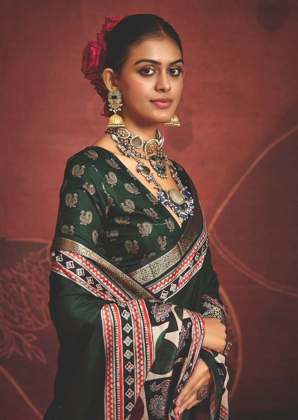 Joban Fashion Green Art Silk With Fine Viscose Border Ajrak Full Body Print With Soft Finish Saree | Grocsy