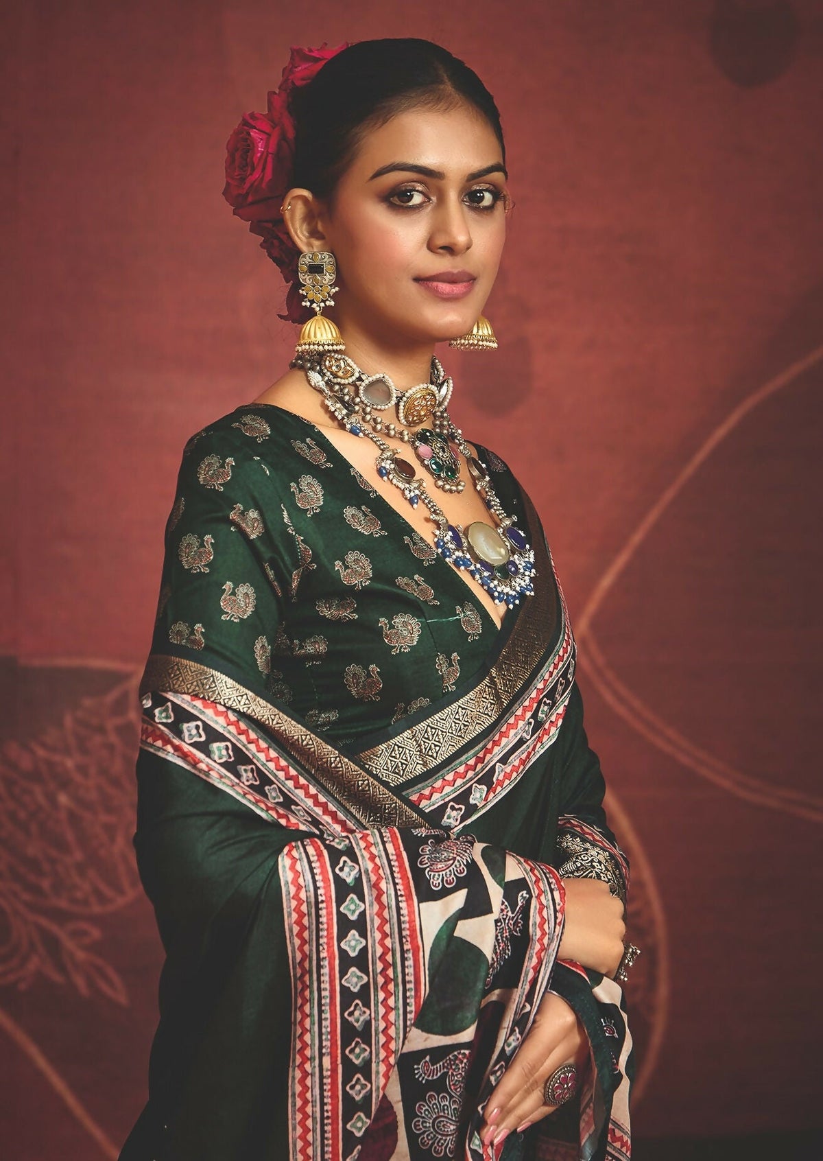 Joban Fashion Green Art Silk With Fine Viscose Border Ajrak Full Body Print With Soft Finish Saree | Grocsy