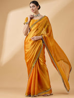 Mustard Organza Swaroski Diamond Work Saree with Unstitched Blouse - Radha | Grocsy