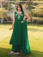 Nikhaar Green Embroidered Art Silk Stitched A Line Kurta Palazzo Dupatta Readymade Suit | Grocsy