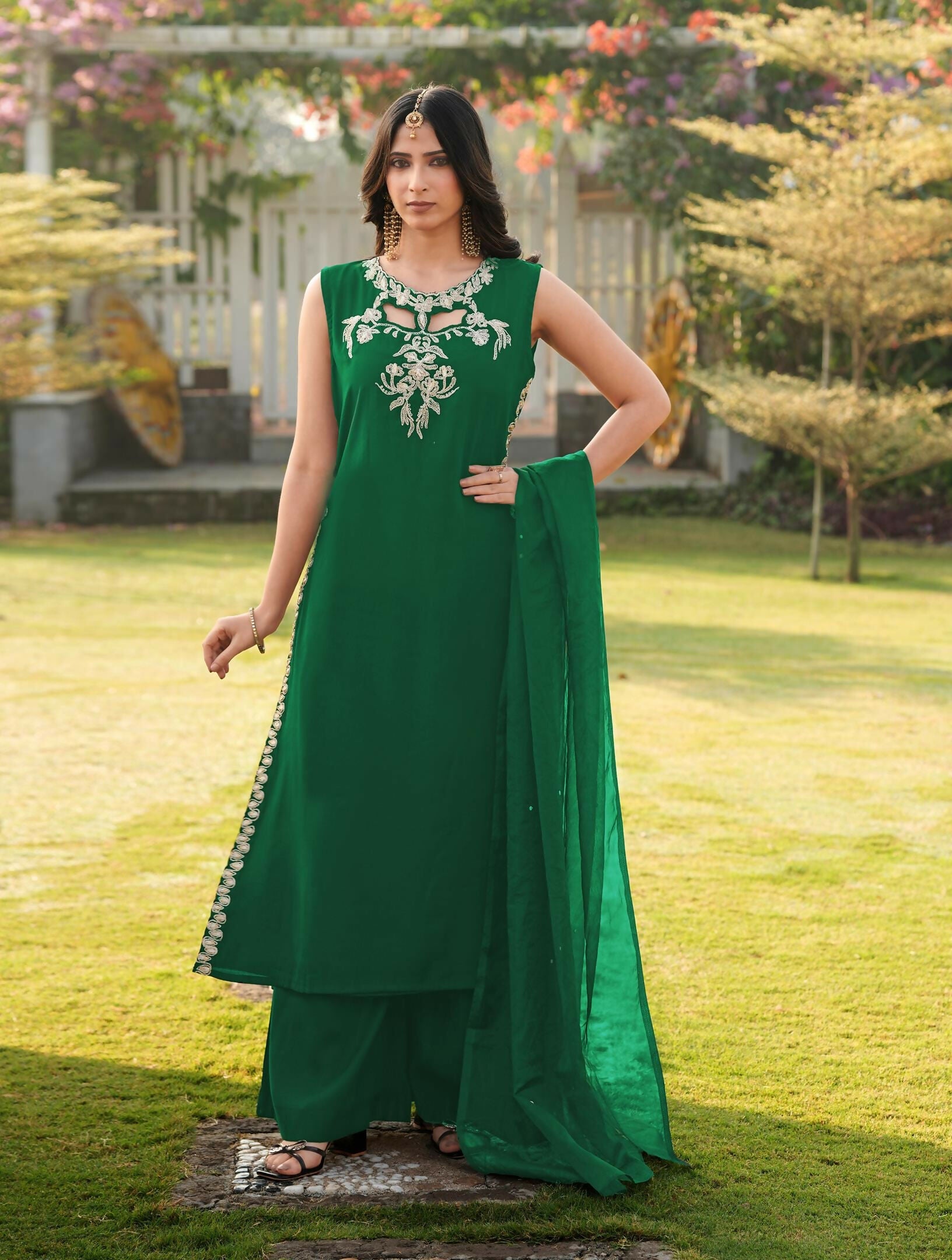 Nikhaar Green Embroidered Art Silk Stitched A Line Kurta Palazzo Dupatta Readymade Suit | Grocsy