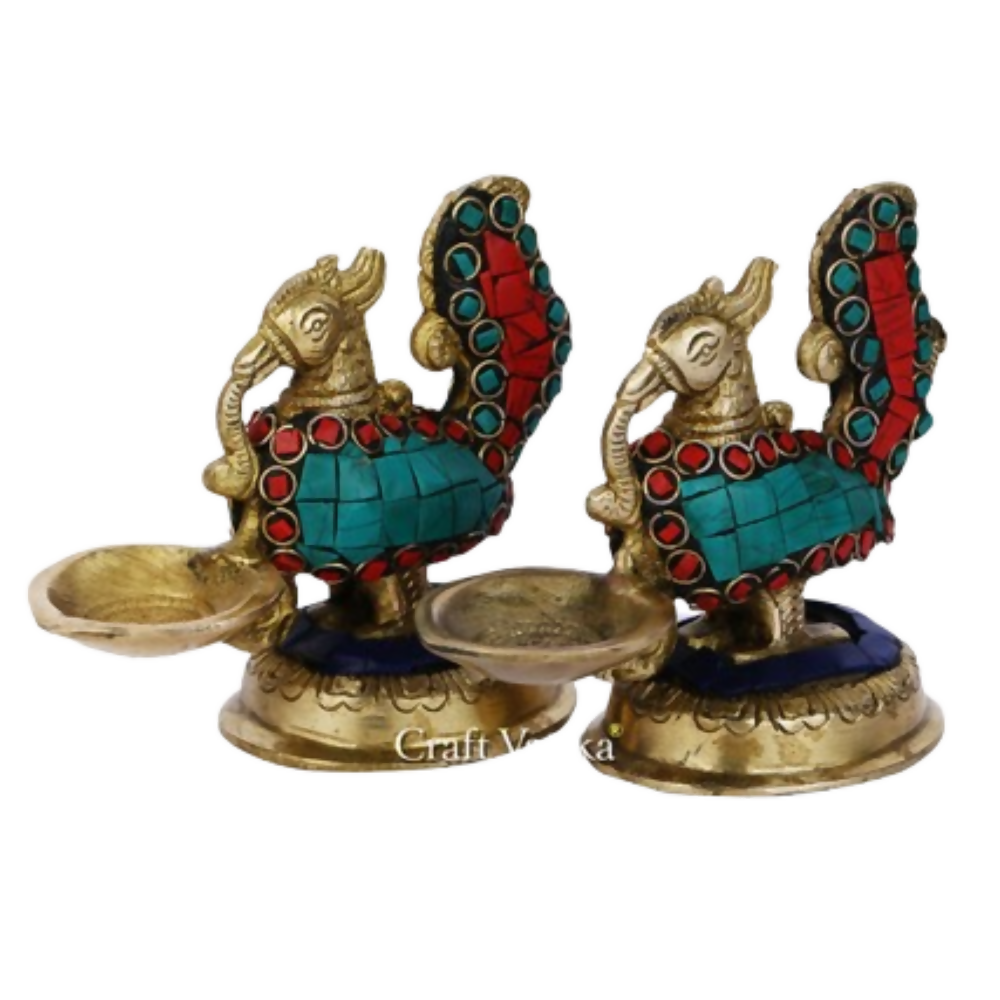 CraftVatika Brass Pair Of Peacock Diya Stand Showpiece | Grocsy