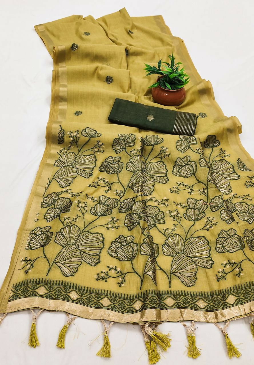 Vastranavya Yellow Muga Cotton Meenakari & Azarakh Pallu Saree with Contrast Blouse | Grocsy