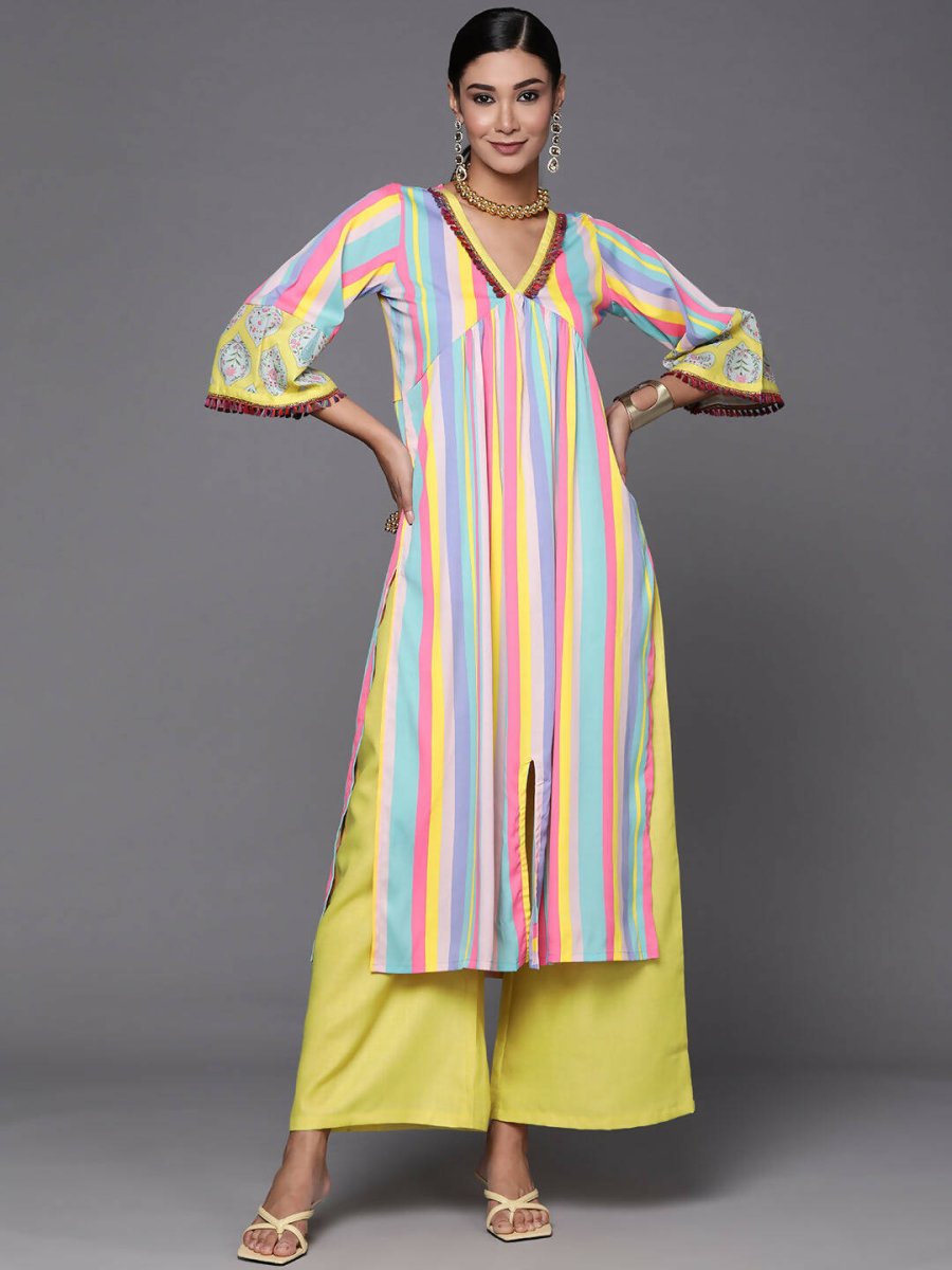 Ahalyaa Women Neon Green & Blue Candy Striped Kurta with Palazzos | Grocsy