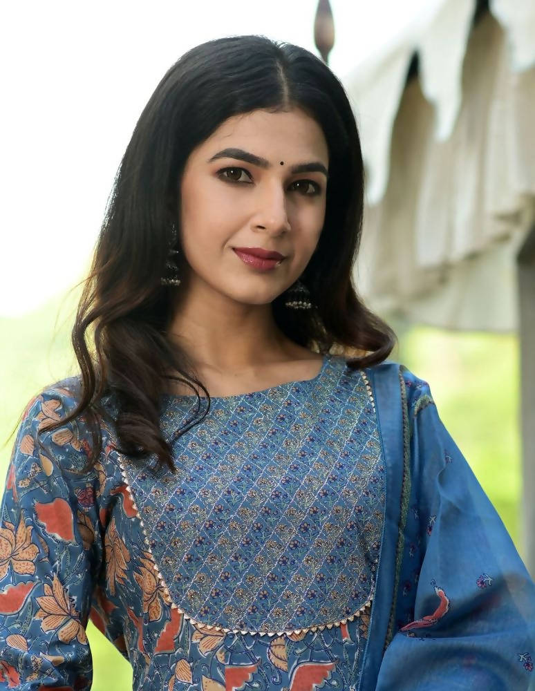 Yufta Women Blue Floral Yoke Design Regular Aari Work Pure Cotton Kurta with Trouser & With Dupatta | Grocsy