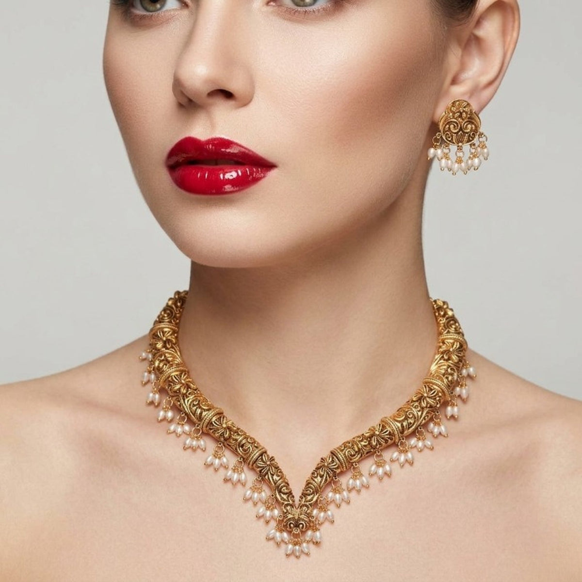 Jewel City Handcrafted Traditional Gold-Plated Choker Necklace Set with Pearl Drops - Ethnic Jewelry for Weddings | Grocsy