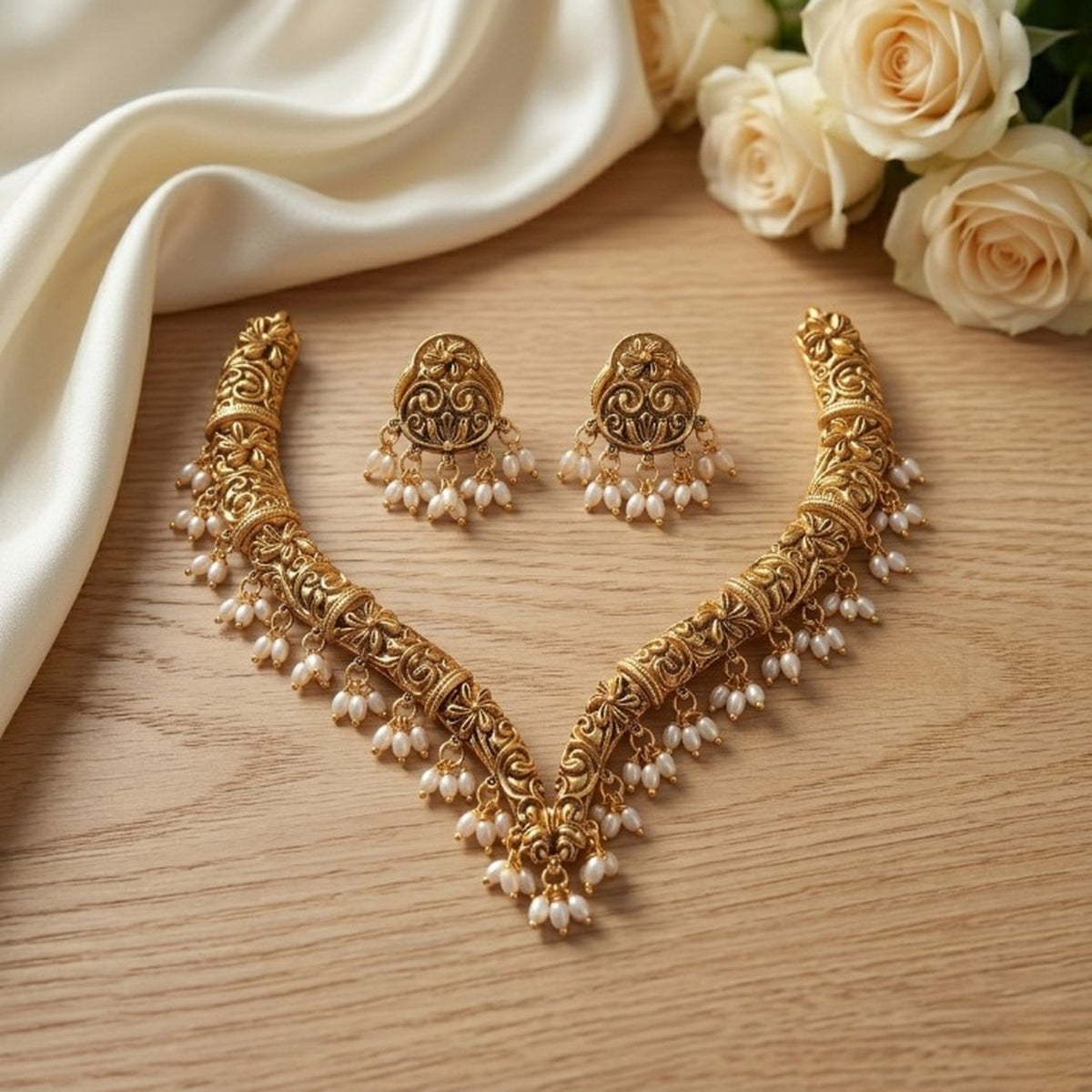 Jewel City Handcrafted Traditional Gold-Plated Choker Necklace Set with Pearl Drops - Ethnic Jewelry for Weddings | Grocsy