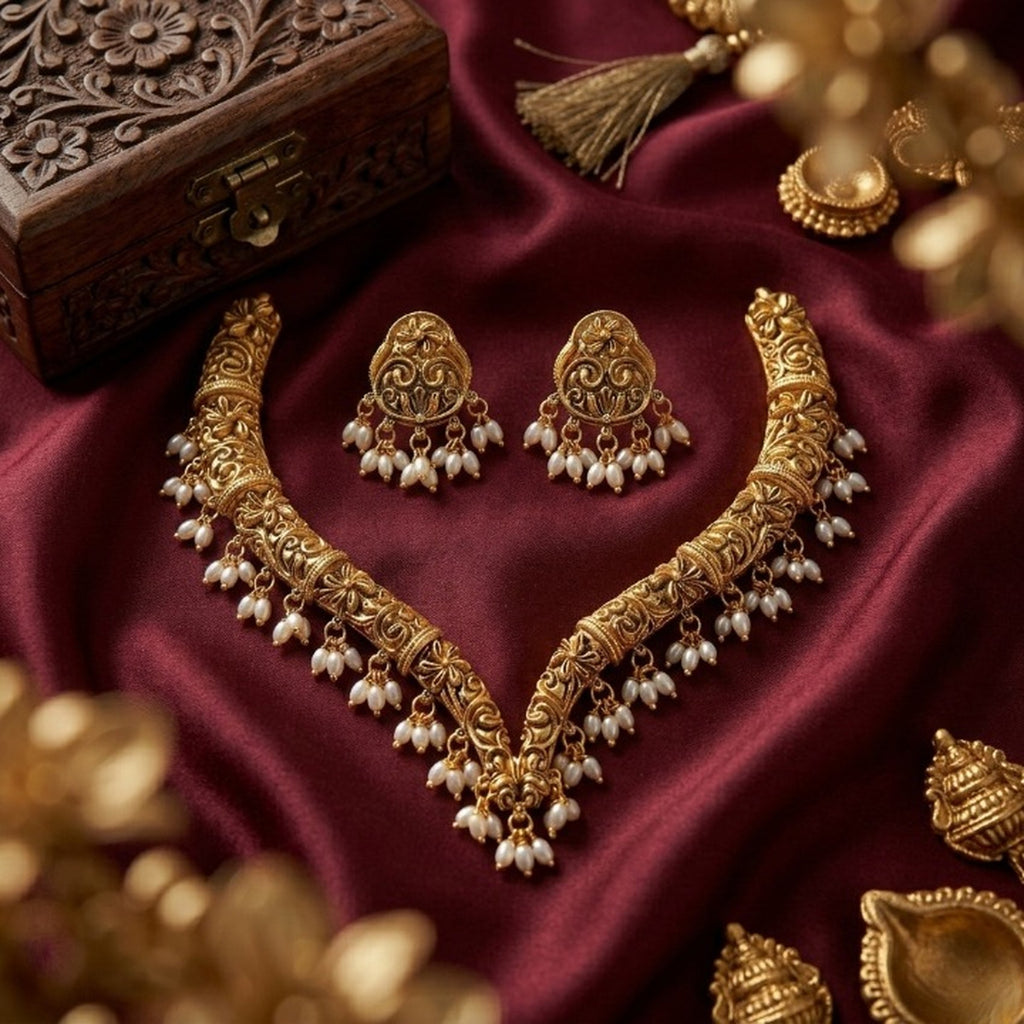 Jewel City Handcrafted Traditional Gold-Plated Choker Necklace Set with Pearl Drops - Ethnic Jewelry for Weddings | Grocsy