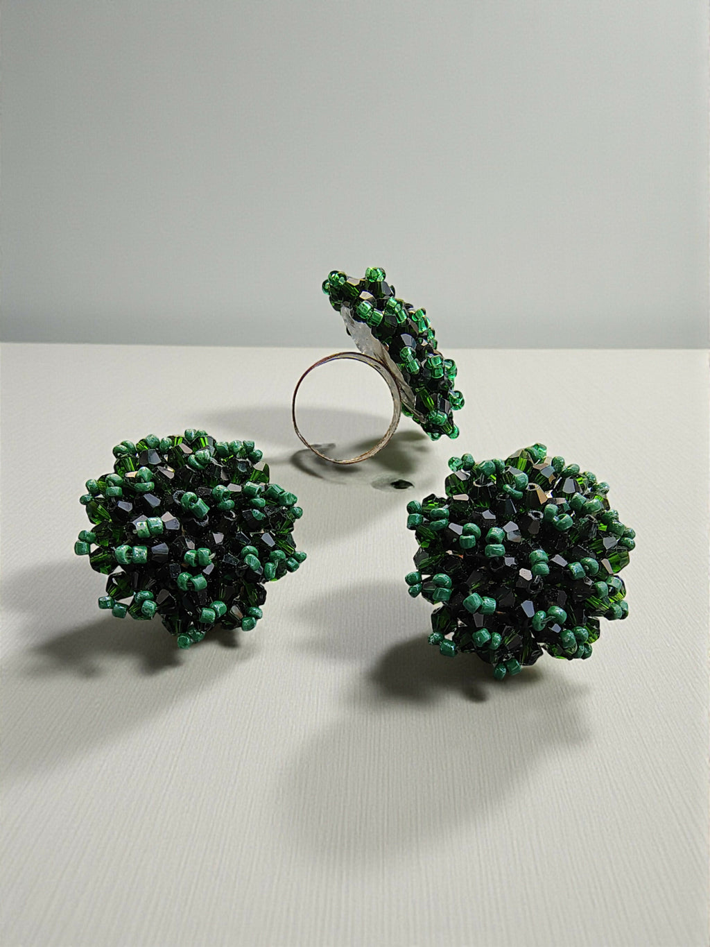 Inhanns Rangmani Crystal Duo – Adjustable Ring + Statement Earrings Set - Dark Green | Grocsy