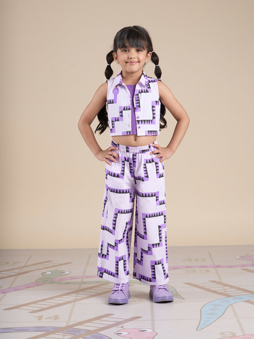 Snakes and Ladders Girls Purple Table Print Top and Pant Set from Siblings Collection | Grocsy