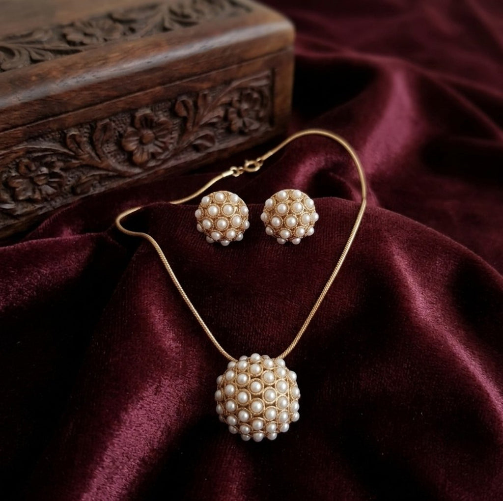 Jewel City Antique Gold Plated White Pearl Pendant Set With Earrings |Festival Jewelry | Grocsy