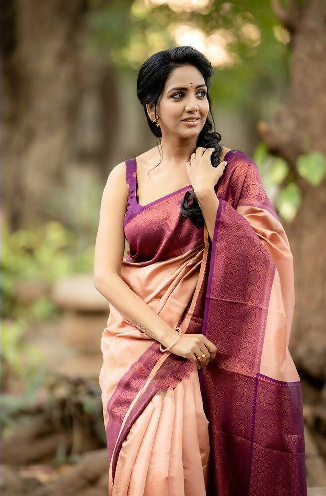 DEIANA'S Beautiful Designer Golden zari Soft Lichi Silk Saree - Peach | Grocsy