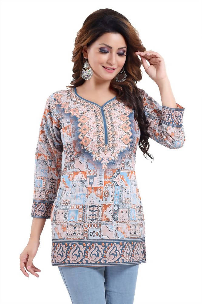 Snehal Creations Phenomenal Blue Faux Crepe Printed Tunic Top | Grocsy