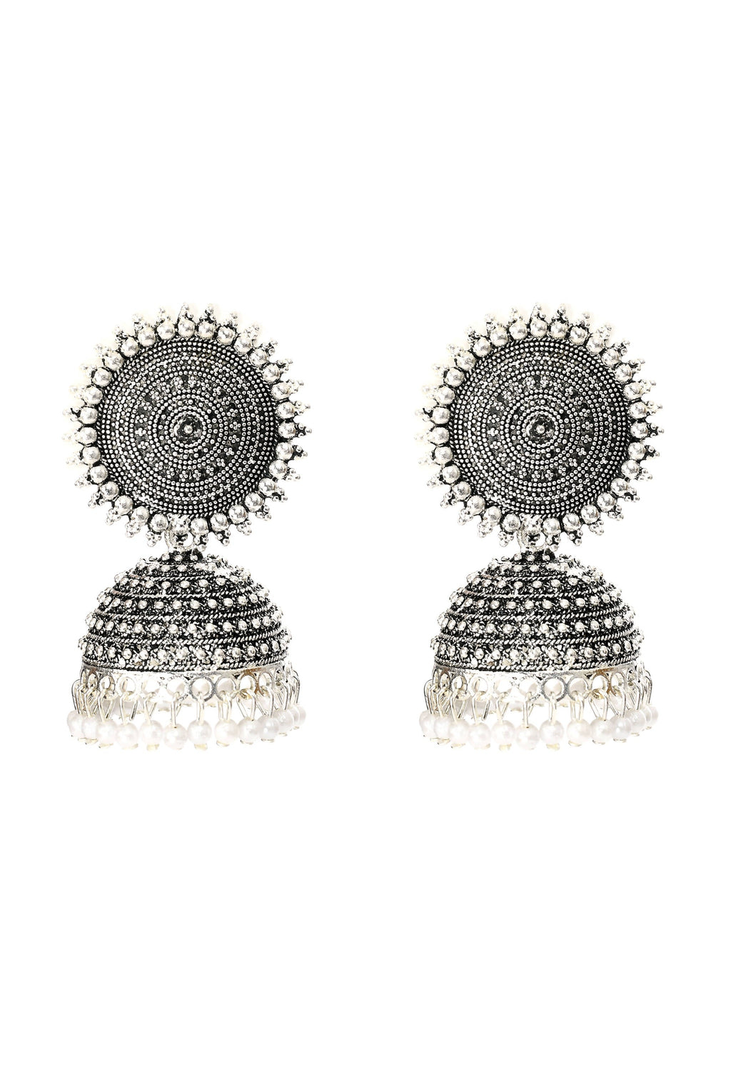 Mominos Fashion Johar Kamal Silver Color Jhumkas With White Pearls Earrings