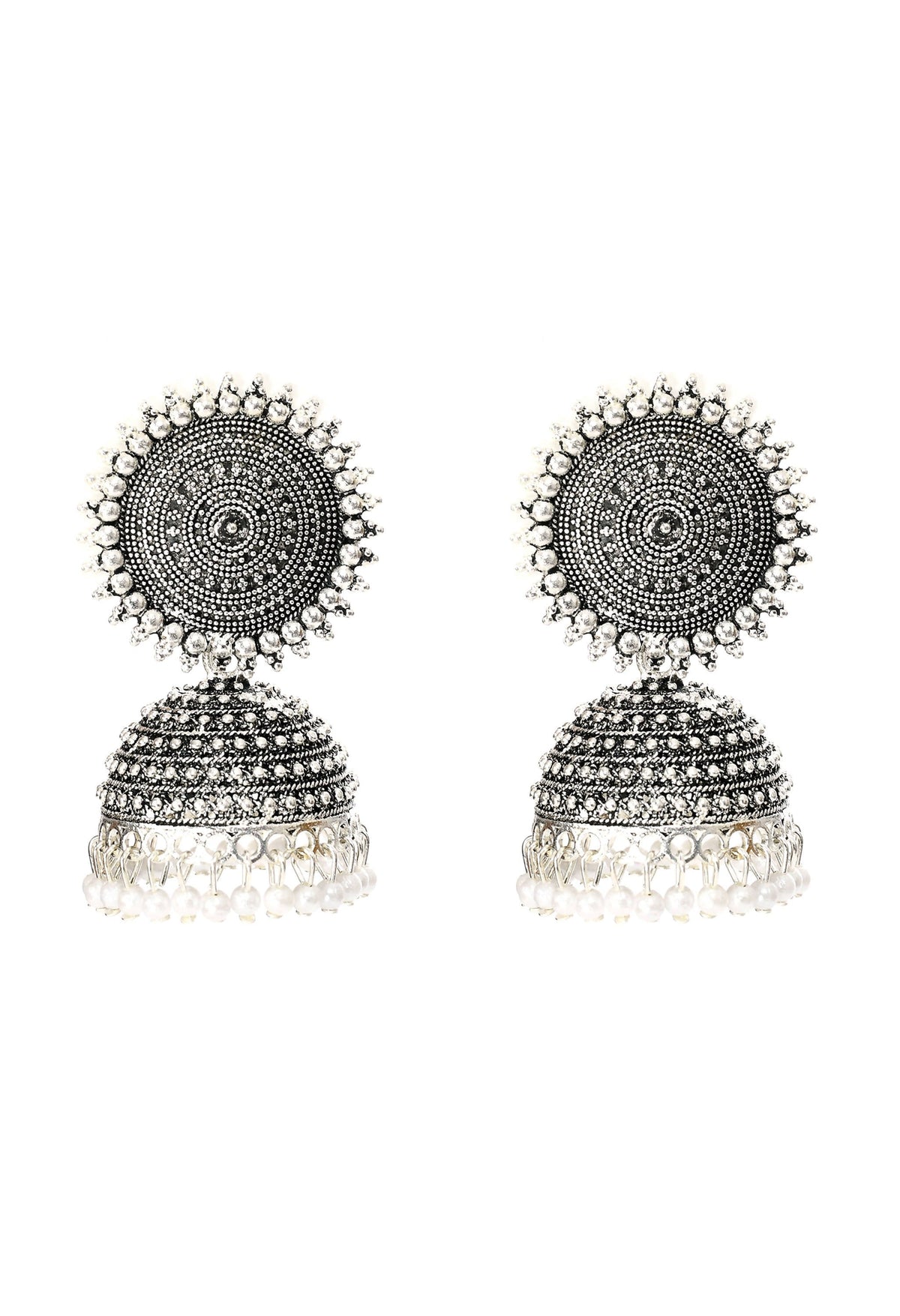 Mominos Fashion Johar Kamal Silver Color Jhumkas With White Pearls Earrings