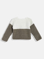 Chutput Kids Woollen Hand Knitted Full Sleeves Balloon Detail Colorblocked Sweater For Baby Boys With Striped Cap - Brown | Grocsy