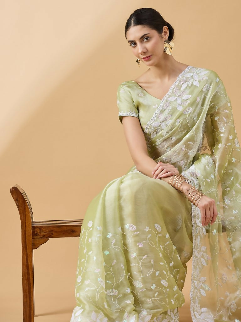 Green Tissue Slub Embroidered Saree with Unstitched Blouse - Vairagi | Grocsy