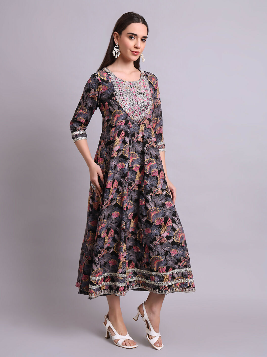 Joban Fashion Black Cotton Floral Printed & Embroidery Work Anarkali Dress | Grocsy