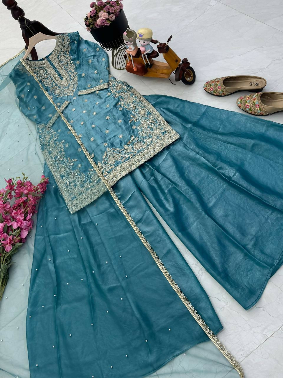 Teeya Creation New Trendy Womens Wedding Wear Kurta Palazzo Set - Teal | Grocsy