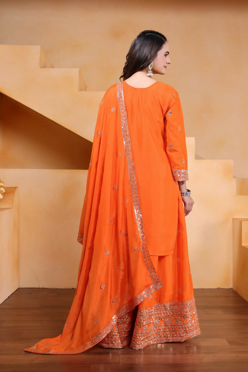 Teeya Creation Orange Color Chinon Silk Wedding Wear Trending Palazzo Set | Grocsy