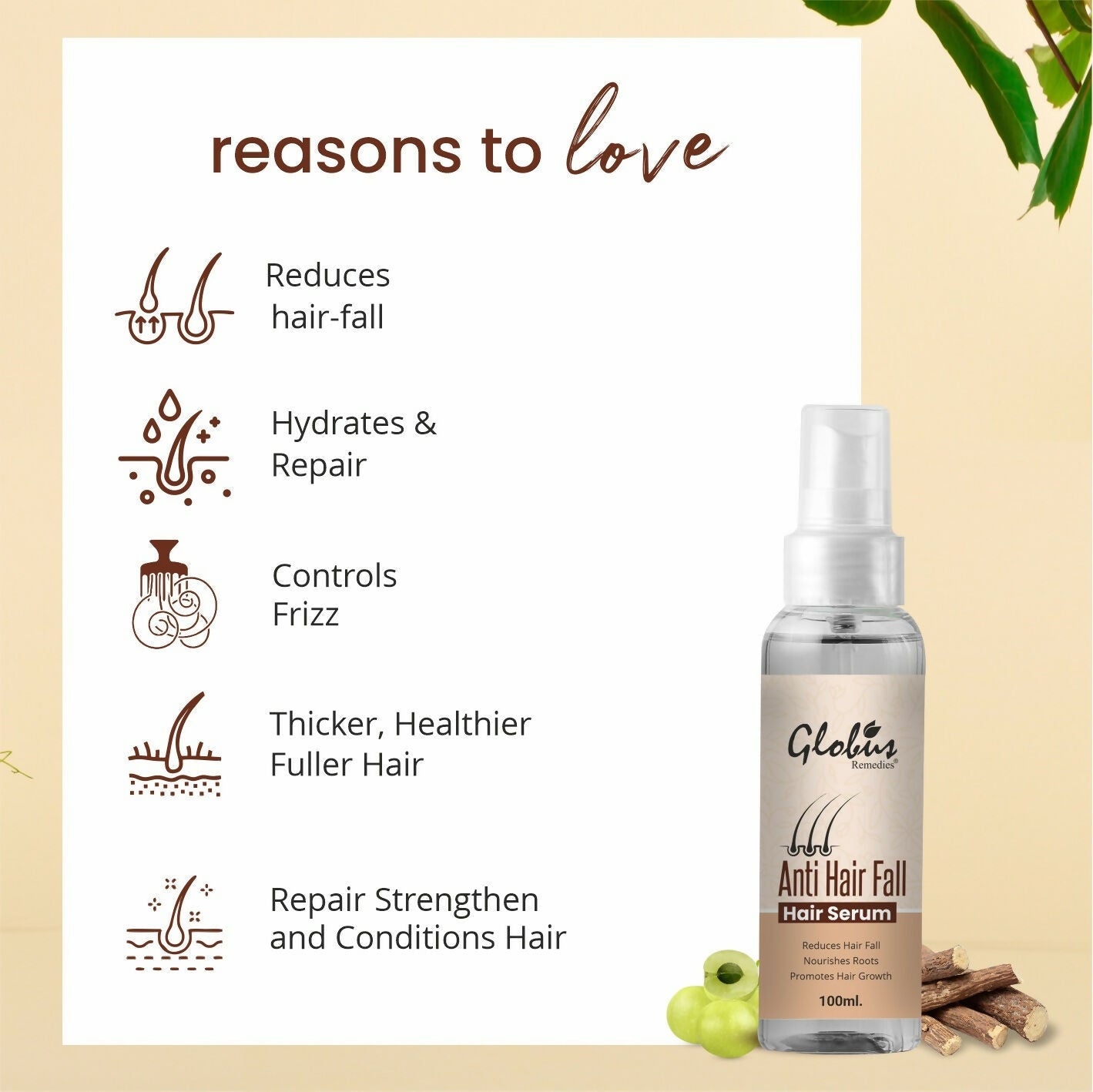 Globus Remedies Anti-Hair Fall Hair Serum, For Frizzy Hair, Smoothens Rough Ends, Adds Instant Shine | Grocsy
