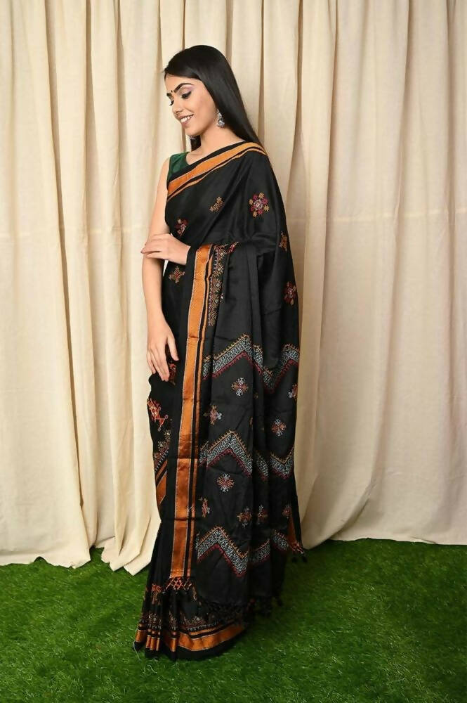 Very Much Indian Khun Saree Cotton Resham Handwoven Chrome Yellow & Black | Grocsy
