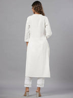 Juniper Women White Seer Sucker Embroidered High Slit Kurta | Grocsy