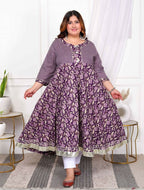 Miravan Women's Plus Size Purple cotton Floral Gota Lace Work Anarkali Kurta | Grocsy