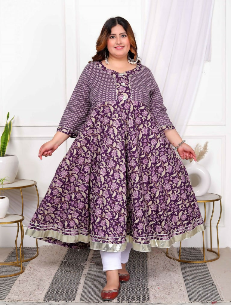 Miravan Women's Plus Size Purple cotton Floral Gota Lace Work Anarkali Kurta | Grocsy