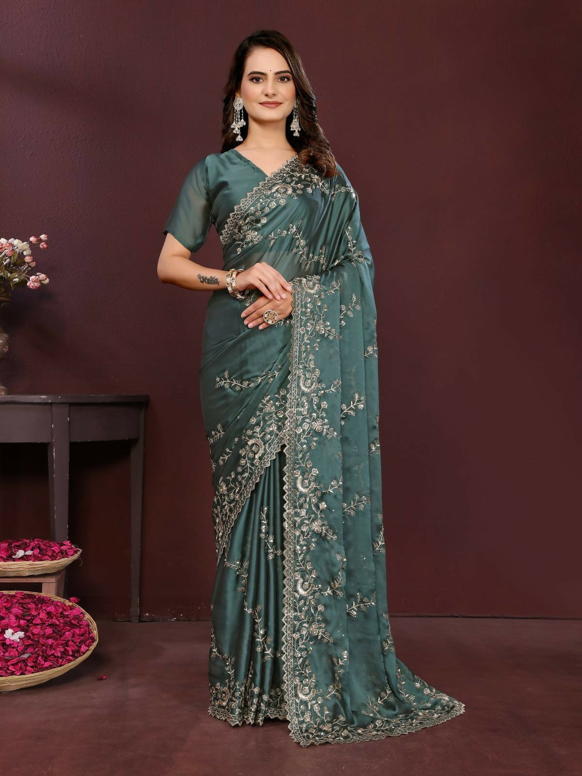 Ai Fashion Grey Rangoli Silk Embroidery Party Wear Saree | Grocsy