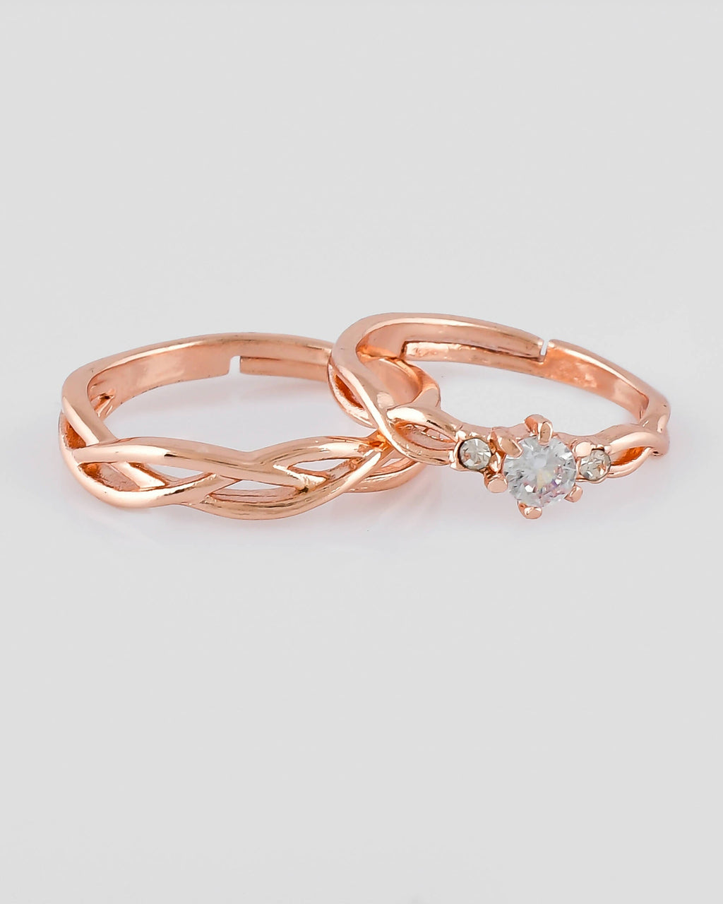 VOJ Stainless Steel Cubic Zirconia Rose Gold-Polished Adjustable Ring Set for Couple | Grocsy