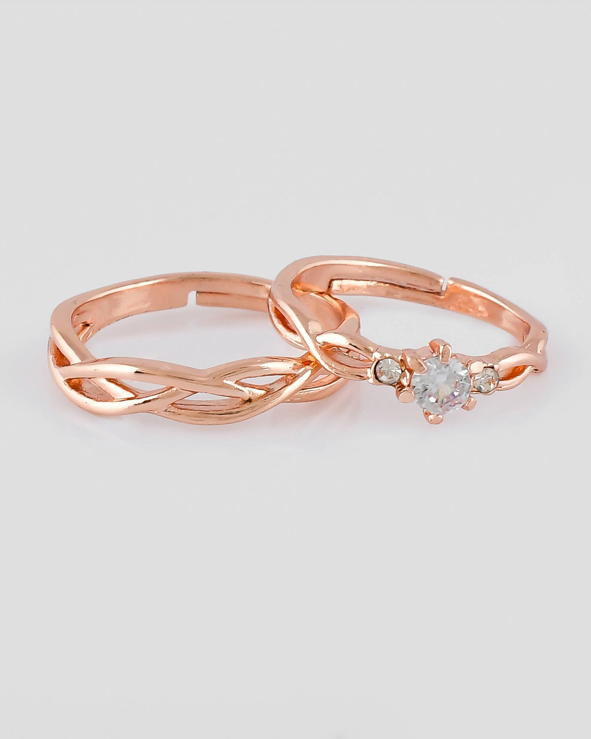 VOJ Stainless Steel Cubic Zirconia Rose Gold-Polished Adjustable Ring Set for Couple | Grocsy