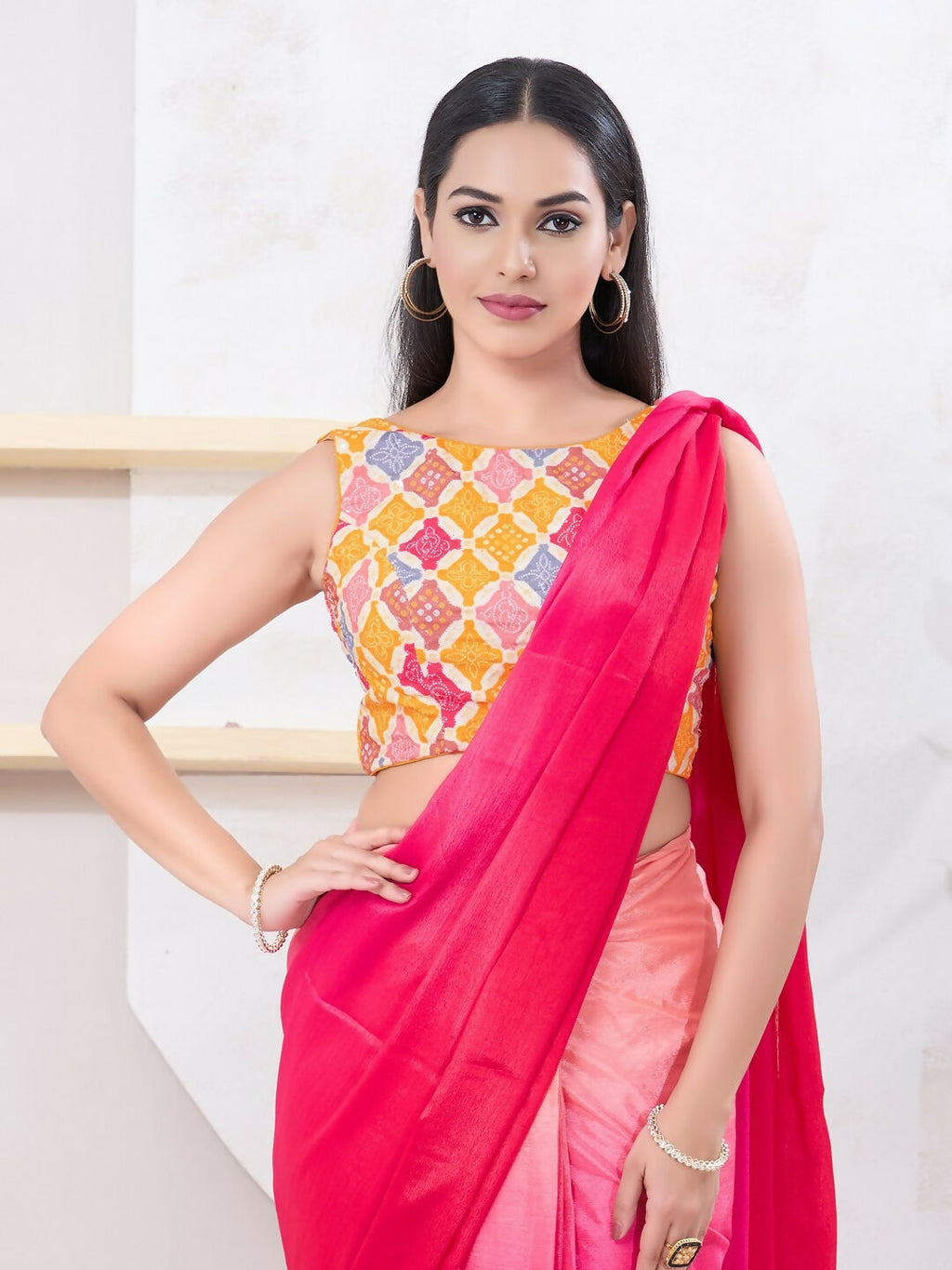 Joban Fashion Yellow Bandhani Sleeveless Back Open Blouse | Grocsy