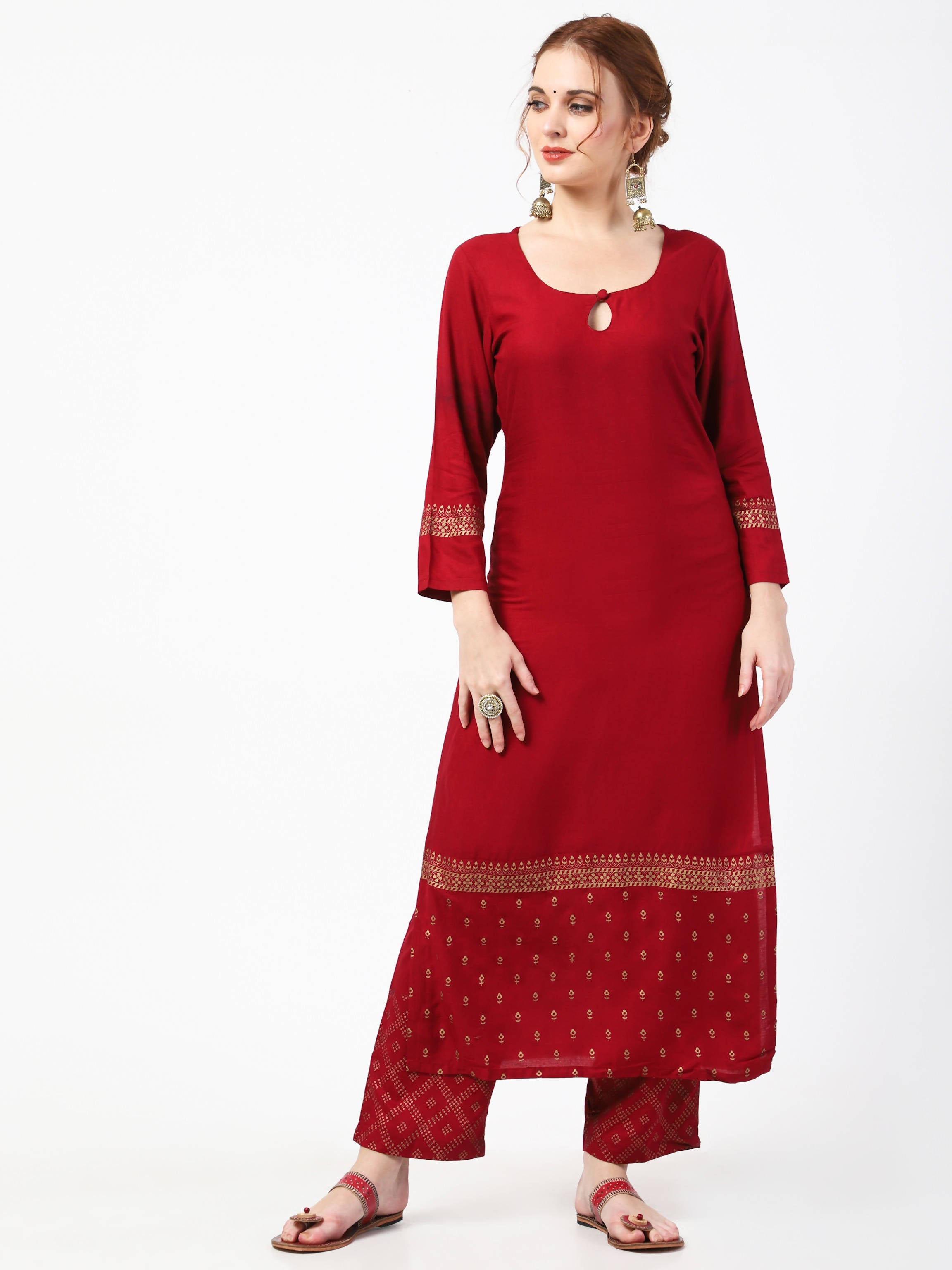 Cheera Gold Printed Maroon Kurta & Palazzo (CH-86KP) | Grocsy