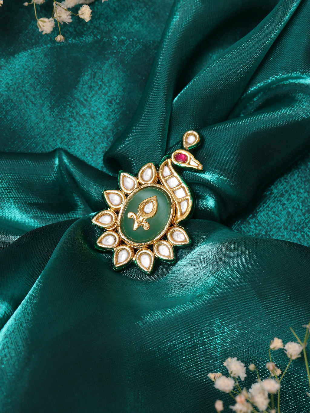 Ruby Raang Gold Polished Green Birdie Kundan Ring | Grocsy