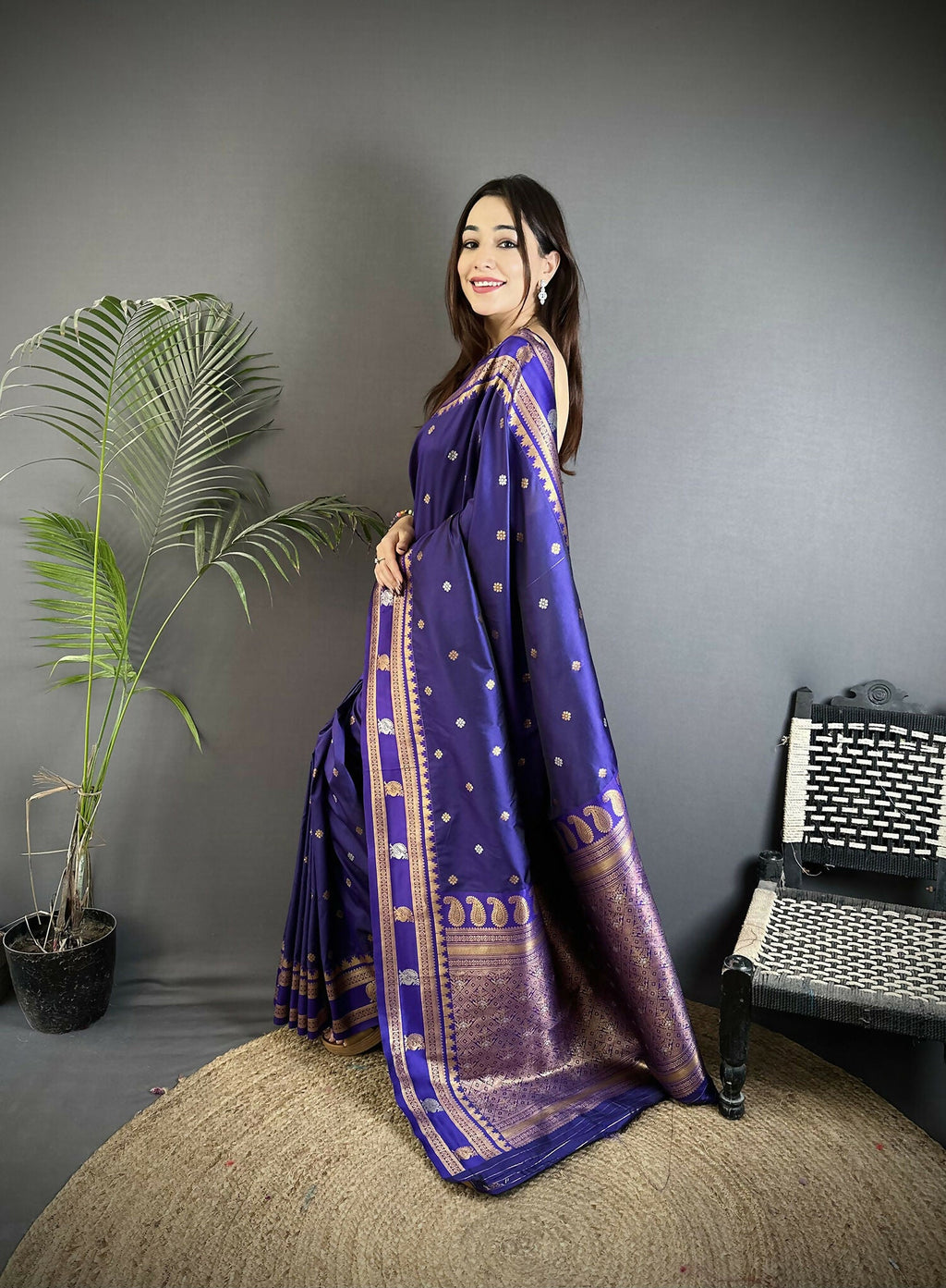 Joban Fashion Navy Blue Banarasi Soft Silk Woven Saree | Grocsy