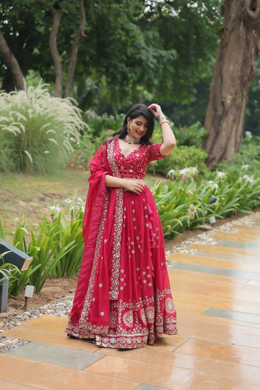 Vastranavya Designer Heavy Sequins & Thread Embroidered work Lehenga Choli - Red | Grocsy