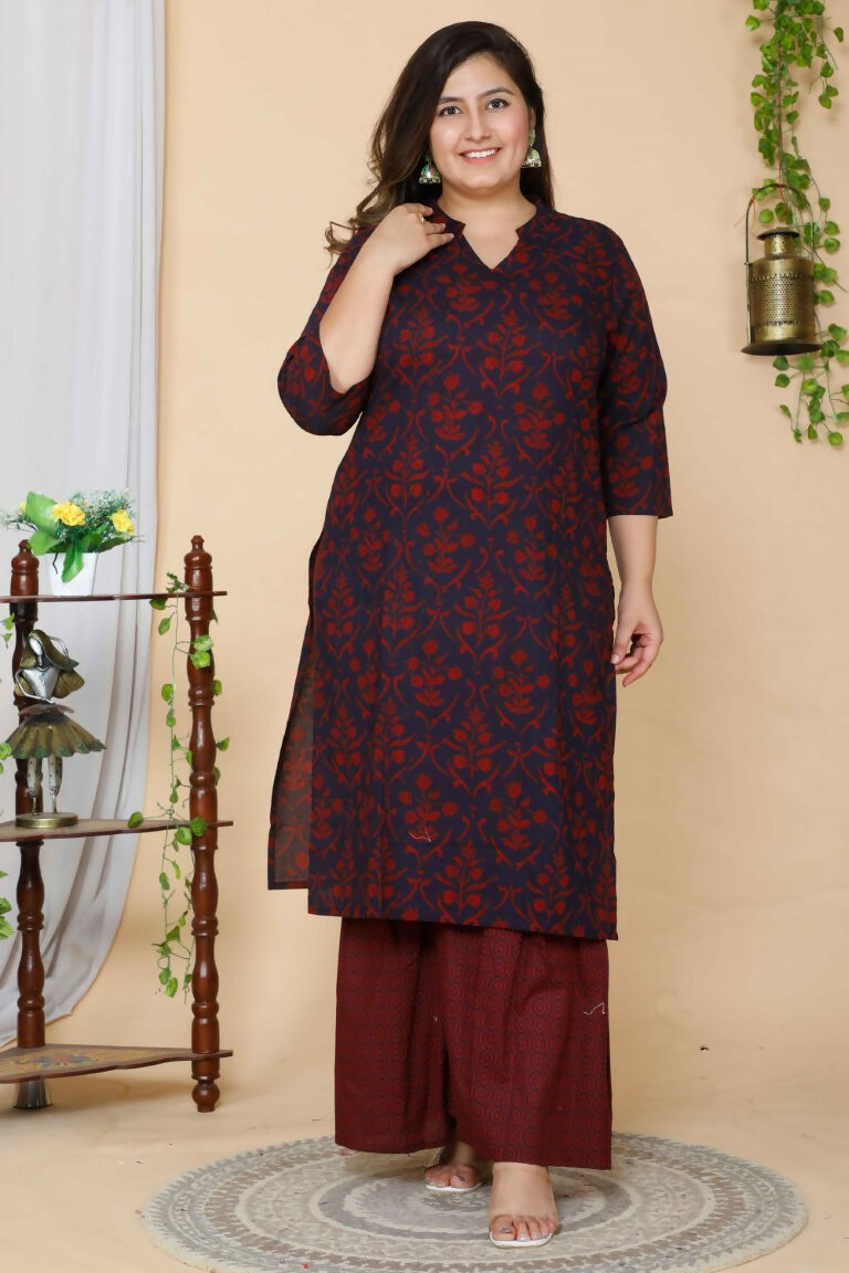 Miravan Women's Plus Size Maroon Floral Pure Cotton Kurta With Sharara | Grocsy