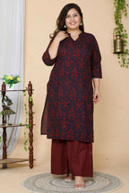 Miravan Women's Plus Size Maroon Floral Pure Cotton Kurta With Sharara | Grocsy